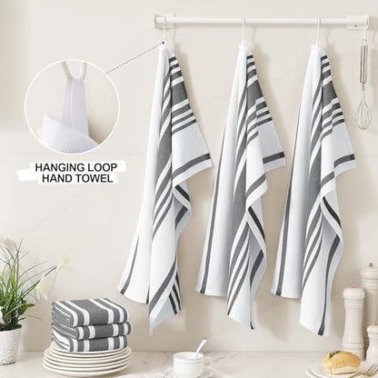 Homaxy Premium Kitchen Towels 18”x 28”, Large Cotton 380 GSM Kitchen Hand Towels, Stripe and Terry Dish Towel, Highly Absorbent Tea Towel Set with Hanging Loop, 8 Pack, Black - color: Black Stripe, style: 8-pack
