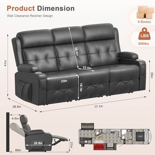 RV Loveseat Recliner Sofa, 3 Seat Wall Hugger Massage Reclining RV Couch with USB, Insert Pockets, Cup Holders, 150° RV Recliners Sleeper Sofa for RV Furniture & Home Theater Seating - color: Dark Gray, size: 3 Seat-G1