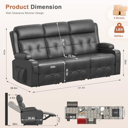 RV Loveseat Recliner Sofa, 3 Seat Wall Hugger Massage Reclining RV Couch with USB, Insert Pockets, Cup Holders, 150° RV Recliners Sleeper Sofa for RV Furniture & Home Theater Seating - color: Dark Gray, size: 3 Seat-G1