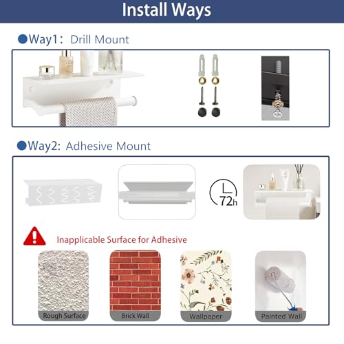 White Paper Towel Holder Wall Mount with Thickened Shelf for Bathroom,Matte White Adhesive Hand Towel Holder,Bathroom Kitchen RV - color: White Thk