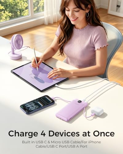 VEGER Portable Charger with Built-in AC Plug and Cables, All in One 10000mAh Ultra Slim Power Bank Travel Essentials, USB C External Battery Pack Compatible with iPhone, Samsung, More, Purple - color: E Purple