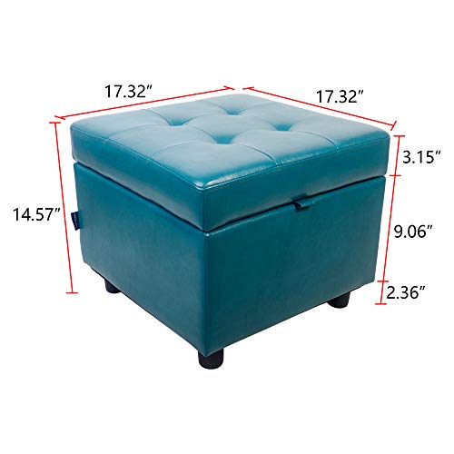 H&B Luxuries Tufted Leather Square Flip Top Storage Ottoman Cube Foot Rest (Blue with Storage) - color: Blue With Storage