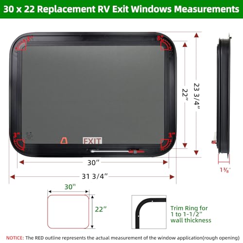 NOVINO RV Exit Window Replacement, 30" W x 22" H RV Emergency Window for Cargo Trailer Camper Travel Trailer Van with Screen&Trim Ring, Fit 1" or 1-1/2" Thick Wall,DOT Approved - size: 30"W x 22"H