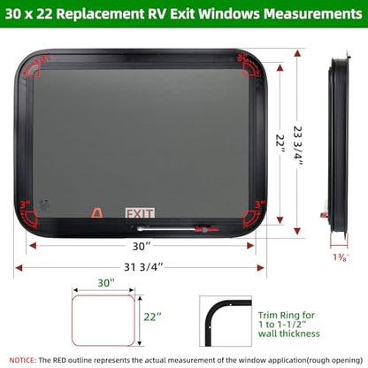 NOVINO RV Exit Window Replacement, 30" W x 22" H RV Emergency Window for Cargo Trailer Camper Travel Trailer Van with Screen&Trim Ring, Fit 1" or 1-1/2" Thick Wall,DOT Approved - size: 30"W x 22"H