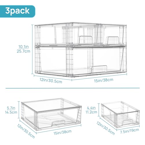 Vtopmart 3 Pack Stackable Storage Drawers, Easily Assemble Acrylic Bathroom Undersink Organizers,Clear Plastic Storage Bins for Closet,Cabinet,Pantry,Medicine Organization - style: 1 Wide+2 Small