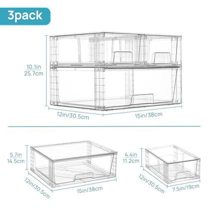 Vtopmart 3 Pack Stackable Storage Drawers, Easily Assemble Acrylic Bathroom Undersink Organizers,Clear Plastic Storage Bins for Closet,Cabinet,Pantry,Medicine Organization - style: 1 Wide+2 Small