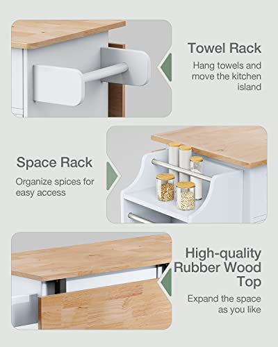 QSun Kitchen Island on Wheels Kitchen Cart with Rubber Wood Top, Mobile Kitchen Island with Double Storage Cabinet and Drawers, Island Table for Kitchen (White) - color: White