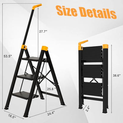 3 Step Ladder with Single-Handrail, Aluminum Step Stool Foldable, Lightweight Sturdy Step Ladder with Anti-Slip Pedals,Convenient Handrail for Home Kitchen Closet, 600lbs Max Load Capacity (Yellow) - color: Yellow, size: 3 steps