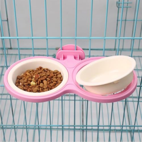 Pet Durable Bowl Cage Bowl, Pet Food Water Removable Bowls with Bolt Holder Hanging Cage Coop Cup Non-Skid Feeder Set Double Diners Portable for Feeding Dogs Cats Birds (Pink) - color: Pink