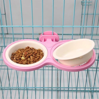 Pet Durable Bowl Cage Bowl, Pet Food Water Removable Bowls with Bolt Holder Hanging Cage Coop Cup Non-Skid Feeder Set Double Diners Portable for Feeding Dogs Cats Birds (Pink) - color: Pink