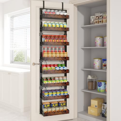 BUKFEN 8-Tier Over the Door Pantry Organizer, 2-in-1 Door Hanging or Wall Mounted Spice Rack, Heavy Duty Metal Storage Shelves with Adjustable Wooden Baskets for Kitchen Bathroom Closet - color: Black pole wood color, size: 8 Tier
