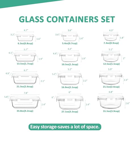 KOMUEE 24 Pieces Glass Food Storage Containers Set, Meal Prep Containers, BPA-Free Airtight Glass Storage Containers with lids,Freezer, Microwave and Oven Safe,White - color: White