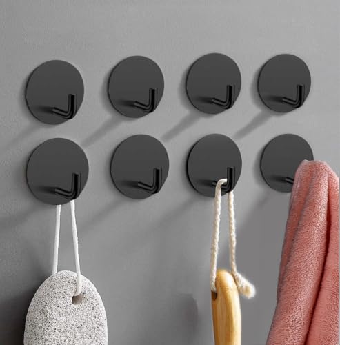 8 Pack Adhesive Towel Hooks for Bathroom, Stick on Hooks Bathroom Kitchen for Walls No Damage, Sticky Hook for Hanging Coat Robe, Black - style: R-Black-90°