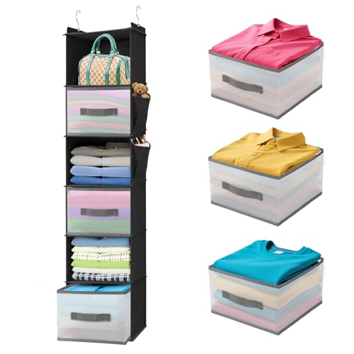 6-Tier Hanging Closet Organizer with 3 Drawers and Side Pockets – Multi-Functional Storage for Shoes, Belts, Purses, and Clothing - color: 6-shelf Black