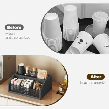 YATINEY Coffee Bar Organizer, Wooden Coffee Pod Organizer for Countertop, Versatile Pod Holder with Dividers, Holds Syrup, Cups, Tea Bags, Easy Assembly, Black KH11BB - color: Black