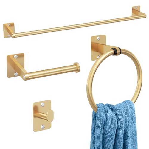 Bathroom Accessories Set, KLJKPA 4 Pieces Gold Bathroom Hardware Set, 24 inch Towel Bar, Towel Racks for Bathroom, Robe Towel Hooks, Toilet Paper Holder Wall Mounted - color: Gold (4 Piece), size: 24 inch