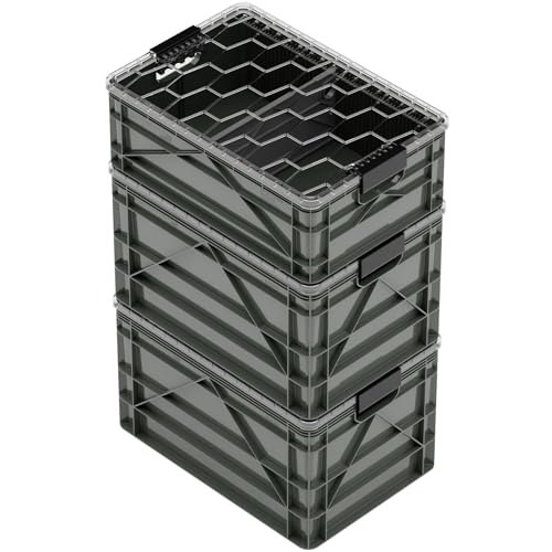 SIDIO CRATE Starter Pack - Two Full Size and One Half Size Heavy Duty Stackable Storage Bins, Totes with Lids and Dividers - Durable Organizer for Home, Office, Garage, and Outdoor Use - Stealth - color: Stealth