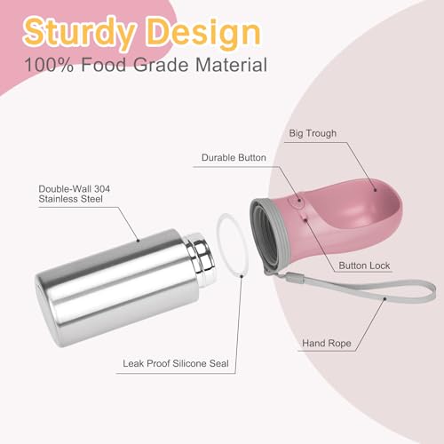 Portable Dog Water Bottle, 14 OZ, Stainless Steel Leak Proof Puppy Water Dispenser with Drinking Feeder for Pets Travel, Walking, Hiking and Outdoor Activities - size: 14 OZ - Pink, style: Button switch