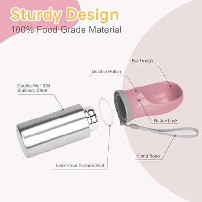 Portable Dog Water Bottle, 14 OZ, Stainless Steel Leak Proof Puppy Water Dispenser with Drinking Feeder for Pets Travel, Walking, Hiking and Outdoor Activities - size: 14 OZ - Pink, style: Button switch