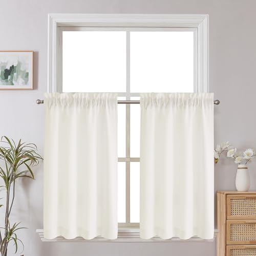 Chyhomenyc Kitchen Curtains 24 Inch Length, Light Filtering Short Window Curtain for Bathroom Basement, Yellowish Small Curtains, Each 30x24 Inch, 2 PCS, Cream - color: Cream, size: 30"W x 24"L (Pack of 2)