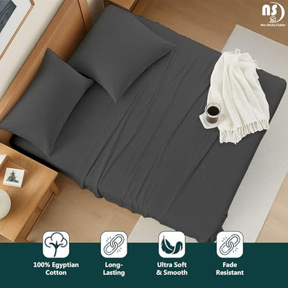 NON Sticky cotton 4 Piece Premium Egyptian Cotton Full Bed Sheet Set, 15" Deep Pocket Fitted, Easy Care, Soft Sheets for Bedroom and Home Mattress, 54" x 75", Dark Grey Solid - color: Dark Grey Solid, size: Full