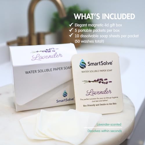 Lavender Scented Soap Sheets (Pack of 5, 50 sheets) - Eco-Friendly, Water-Soluble, Biodegradable, TSA-Friendly Travel Pocket Hand Wash | Cruelty-Free, Alcohol-Free, Gentle on Skin,