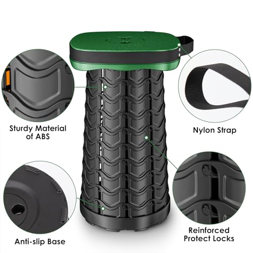 aboutool Folding Camping Stool, Square Collapsible Portable Stool with Elastic Seat Cushion& Adjustable Nylon Bag, Sturdy Lightweight Telescoping Foldable,Max Load 485lb (Green) - color: Green