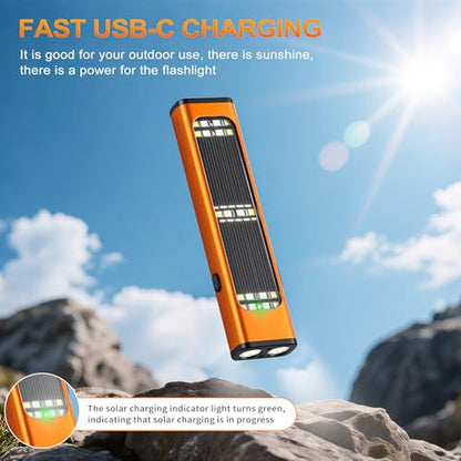Solar/Rechargeable Flat Flashlights, 900 Lumens EDC Tactical Flashlight, Multi Function LED Small Flashlight, 7 Modes IP65 Waterproof for Home, Camping,and Emergency Use (Orange) - color: Orange