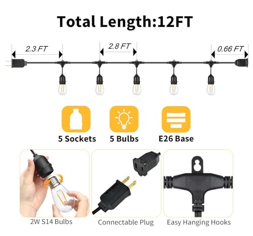 BRIMAX 12FT Outdoor String Lights with 5 LED Bulbs 2W Shatterproof Edison Bulb Commercial Grade Waterproof Outside Light 2700K Warm White for Bistro Gazebos Porch Patio Garden - style: 12FT 5 lights