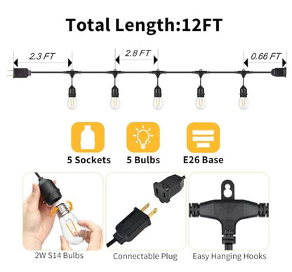 BRIMAX 12FT Outdoor String Lights with 5 LED Bulbs 2W Shatterproof Edison Bulb Commercial Grade Waterproof Outside Light 2700K Warm White for Bistro Gazebos Porch Patio Garden - style: 12FT 5 lights