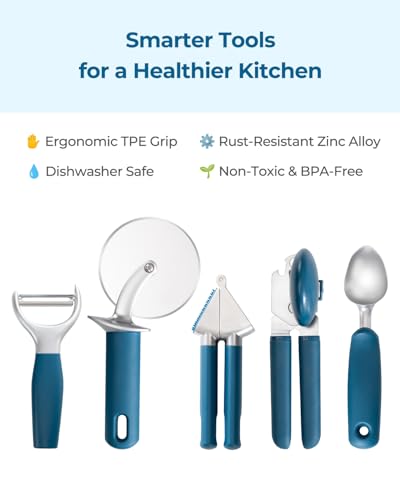 OOU Kitchen Gadget Set, 5 Piece Premium Zinc Alloy Kitchen Tools with Ergonomic TPE Handles – Includes Can Opener, Pizza Cutter, Garlic Press, Ice Cream Scoop, Peeler, and Wooden Storage Tray
