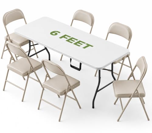 Folding Dining Table Set for 6, 6FT Foldable Plastic Table with Carrying Handle & 6 PU Leather Padded Folding Chairs, Portable Table and Chairs Set for Indoor Outdoor, Party, Wedding, Picnic, Camping - color: Khaki, size: 6FT
