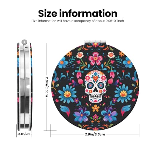 Mexican Sugar Skulls Flowers Print Foldable Travel Pocket Mirror Round PU Leather Portable Mini Makeup Double Sided Handheld Magnifying,2.6 in - color: Mexican Sugar Skulls Flowers