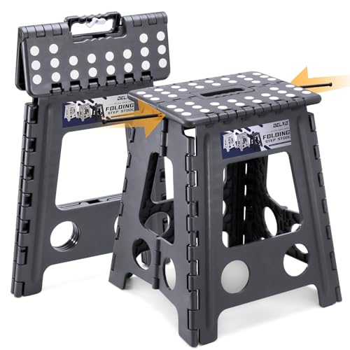 Delxo 16 Inch Folding Step Stool,Foldable Stool for Adults with Safety Lock,Portable Collapsible Plastic Stepstool,Non Slip Folding Stools for Kitchen Bathroom Bedroom Up to 400LBS,(Dark Grey 1PC) - color: Dark Grey, size: 16 Inch