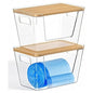 Trash Bag Holders with Bamboo Lids 2 Pack, Garbage Bag Dispenser with Lid, Open Front Stackable Storage Bins, Storage Container for Kitchen, Laundry Organization, Kitchen, Pantry,Under-Sink