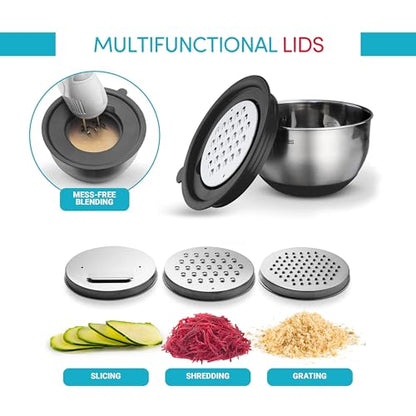 Belwares Mixing Bowls with Lids Set of 5 - Stainless Steel Mixing Bowl Set, Kitchen Nesting Metal Bowls with Non Slip Bottoms + 3 Grater Attachments, Airtight Lids, Food Prep + Storage, Matte Black - color: Matte Black, size: 5-Piece