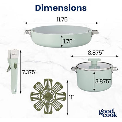 GoodCook Ceramic Cookware Set 5-Piece with Removable Handle, Induction Compatible, Nonstick and Oven Safe with 9.5-Inch Frypan, Sage Green