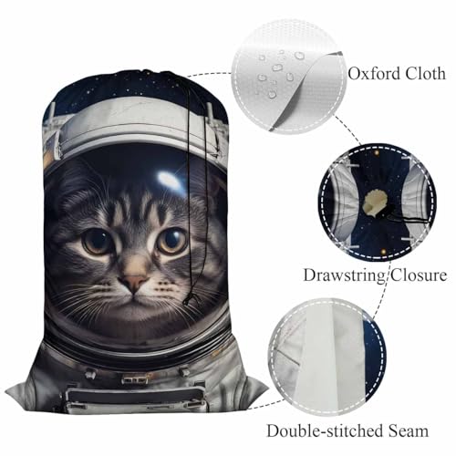 Swono Cat In Outer Space Extra Heavy Duty Laundry Bag, Cute Cartoon Kitten Astronomy Cosmos Dirty Clothes Drawstring Bag with Tear Resistant Fabric, Laundry Liner for Hamper, Space Adventure - color: Cat In Outer Space