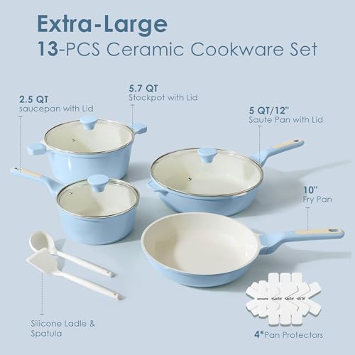 SENSARTE Nonstick Ceramic Cookware Set Large 13-Piece, Healthy Pots and Pans Set Dishwasher Safe, Non-toxic Kitchen Cooking Set with Stay-Cool Handles, Induction Compatible, PFAS Free, Blue - color: Light Blue