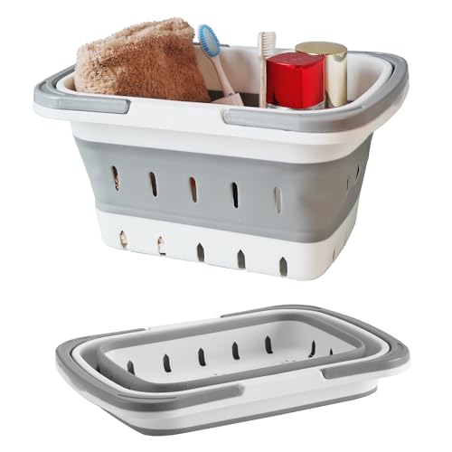 Portable Folding Plastic Bath Caddy with Handle, Perforated, Travel Bathroom Organizer for Bedroom, Bathroom, Shower, Dorm Room, Camping and RV Use (Grey, 1 pack) - color: Grey, size: 1 pack