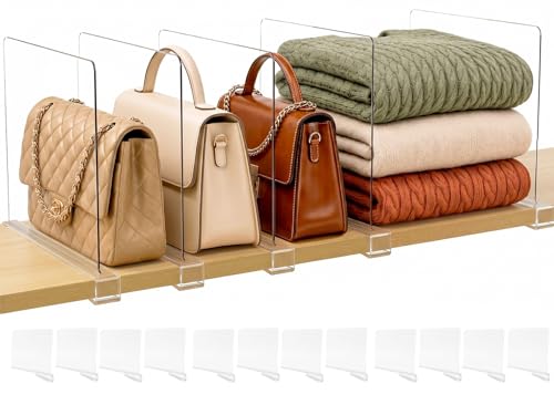 SortNStore Shelf Dividers Purse Organizer for Closet: 12-Pack Acrylic Bag Storage Organizer for Handbags, Clutches, Clothes, Sweater, Towel on Wood Shelves - color: Clear:12-pack, size: Standard: 8" Tall X 12" Deep