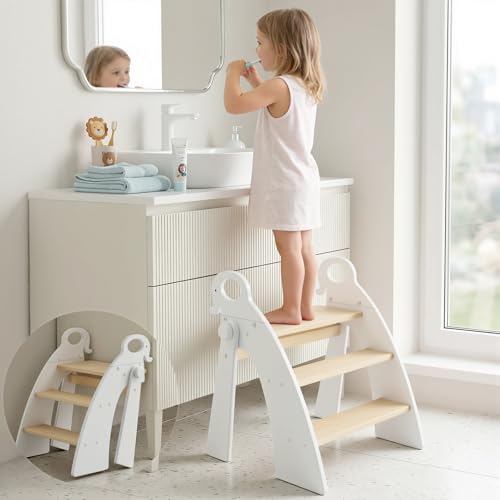 Wooden 3 Step Stool for Kids Bathroom Sink Foldable Anti-Slip, Child Stepping Stool for Kitchen Nursery Bedroom, Sturdy Non Slip Adult Stool for Closet - color: White Ele