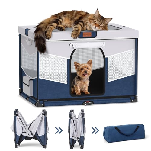 LOOBANI Foldable Dog Playpen for Small Dogs, Indoor/Outdoor Puppy Cat Playpen with Removable Washable Fabric Cover, Sturdy Steel Frame & 690D Oxford Cloth, Portable Dog Crate 32"x24"x22", Blue - color: Blue-Gray