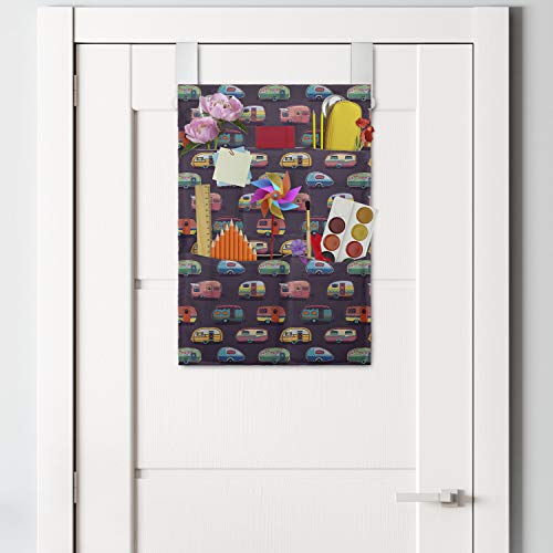 Ambesonne Happy Camper Hanging Pocket Organizer, Retro Travel Themed Continuous Pattern with Colorful Vans Graphic, Printed Polyester Storage Bag with Pockets, 14" x 20", Multicolor