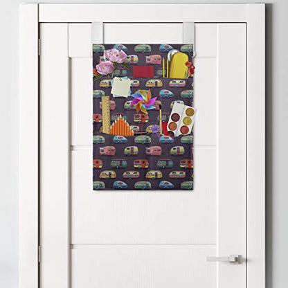 Ambesonne Happy Camper Hanging Pocket Organizer, Retro Travel Themed Continuous Pattern with Colorful Vans Graphic, Printed Polyester Storage Bag with Pockets, 14" x 20", Multicolor