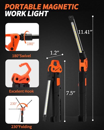 Led Work Light,400LM Foldable Mechanic Light, Rechargeable Flashlight with 5 Modes, 230° Rotate and Hook Magnetic Light for Car Repair, Camping, Grill（1 Pack Upgrade） - color: Orangey