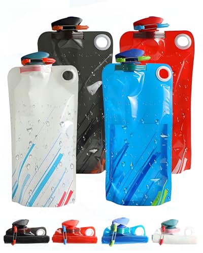4 Pack Collapsible Water Bottle with Carabiner, 33oz Foldable Reusable BPA-Free Water Bottles with Leakproof Lid for Traveling Hiking Camping Biking