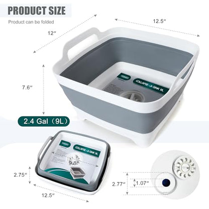 FOSJGO Collapsible Dish Basin with Drain Plug, 2.4 Gal (9L) Space-Saving Foldable Sink, Wash Basin for Kitchen, Baby Bottles, Vegetable Washing, Camping, RV and Party Beverage Tubs (gray) - color: Gray
