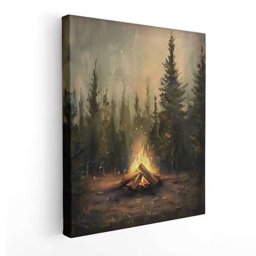APJYM Rustic Pine Tree Forest Camfire Camping Wall Art, Vintage Dark Moody Wood Land Nauture Landscape Canvas Wall Art for Cabin Camper Home, 11x14 Inch Framed - color: Rustic Pine Tree