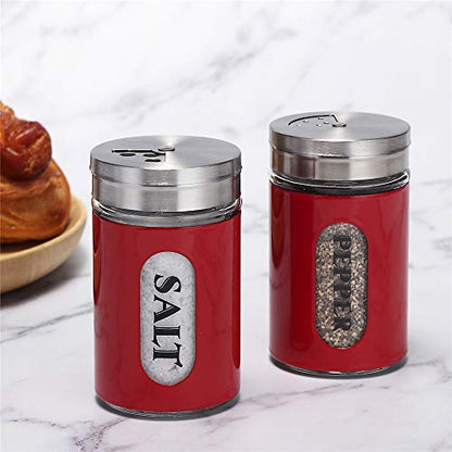 Salt and Pepper Shakers Stainless Steel and Glass Set with Adjustable Pour Holes (Red) - color: Red